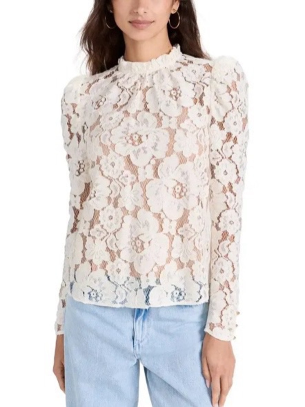 Wayf Emma Puff Sleeve Lace Top Size XS Ivory Floral Lace High Neck Blouse Spring